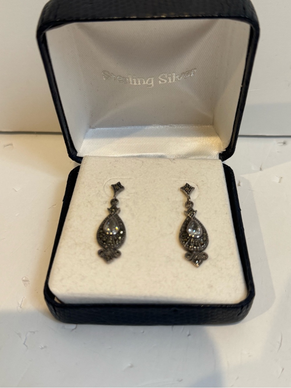 Sterling silver and  Marcasite Teardrop Dangle Earrings